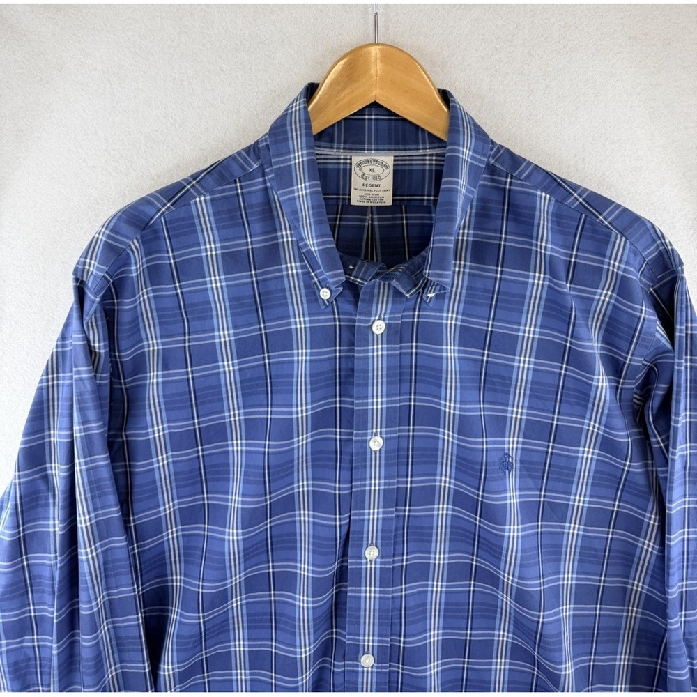 Brooks Brothers Regent XL Mens Blue White‎ Plaid Supima Cotton Non-Iron Shirt
